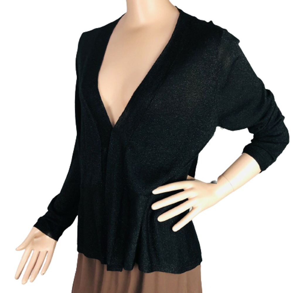 New Direction Women Size Large Black Metallic Thread Open Front Cardigan Sweater